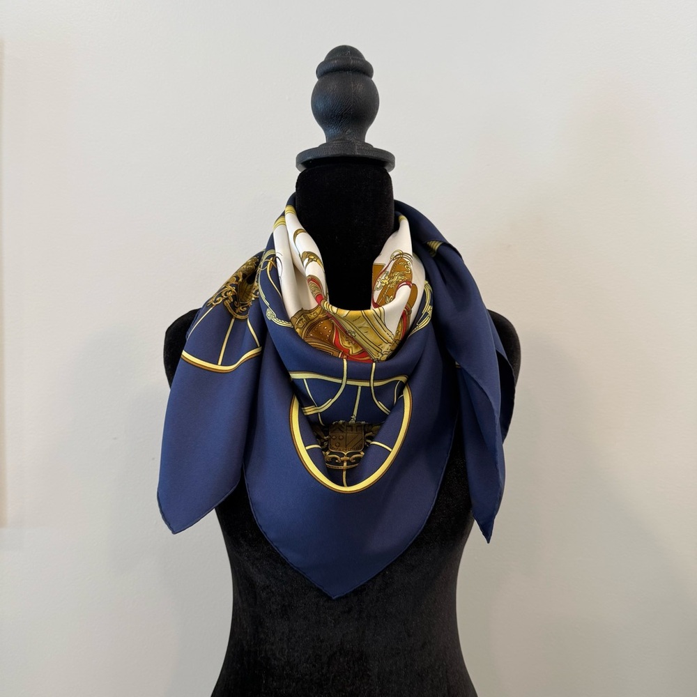 Authentic Hermes Elegant Blue and Gold Silk Scarf - Picture 8 of 10